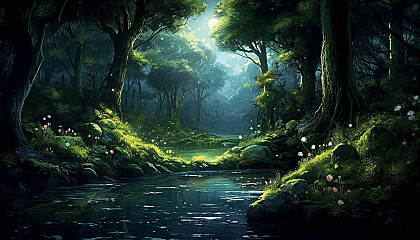 A secluded glade bathed in the ethereal light of the moon.