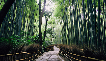 A narrow path winding through dense bamboo groves.