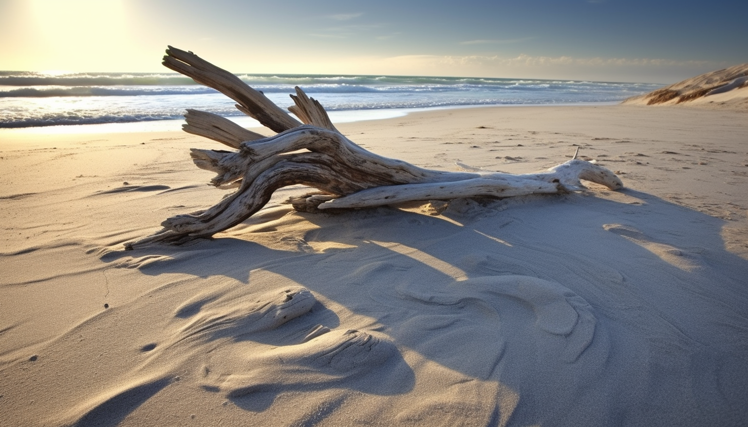 Sun-bleached driftwood strewn across a sandy beach.