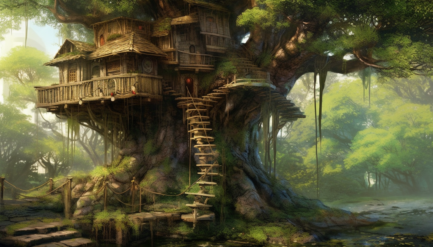 A sturdy treehouse nestled high in the branches of an ancient tree.