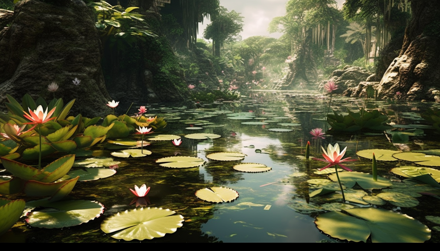 A tranquil pond filled with water lilies and lotus flowers.