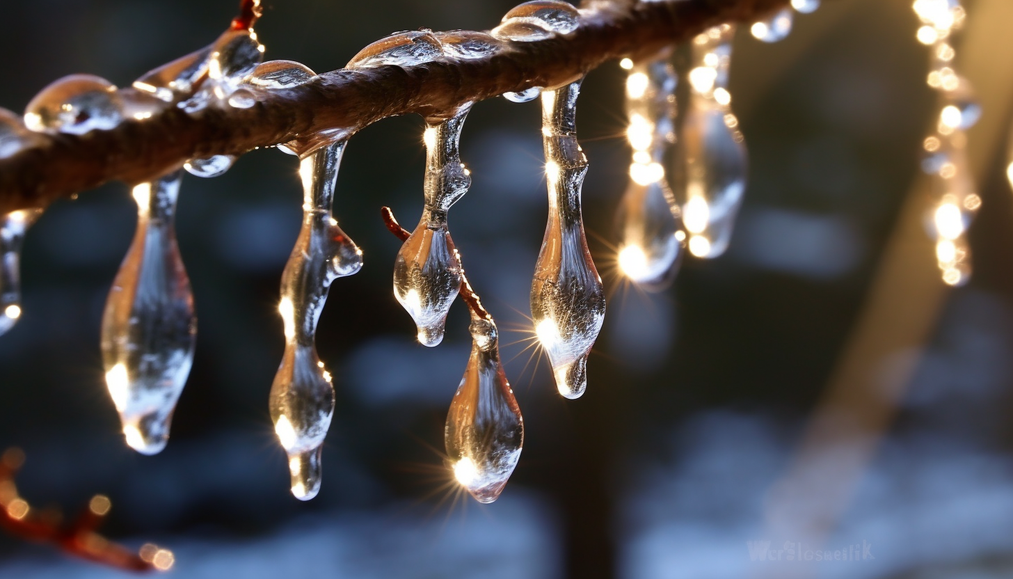 Glistening icicles hanging from a tree branch.