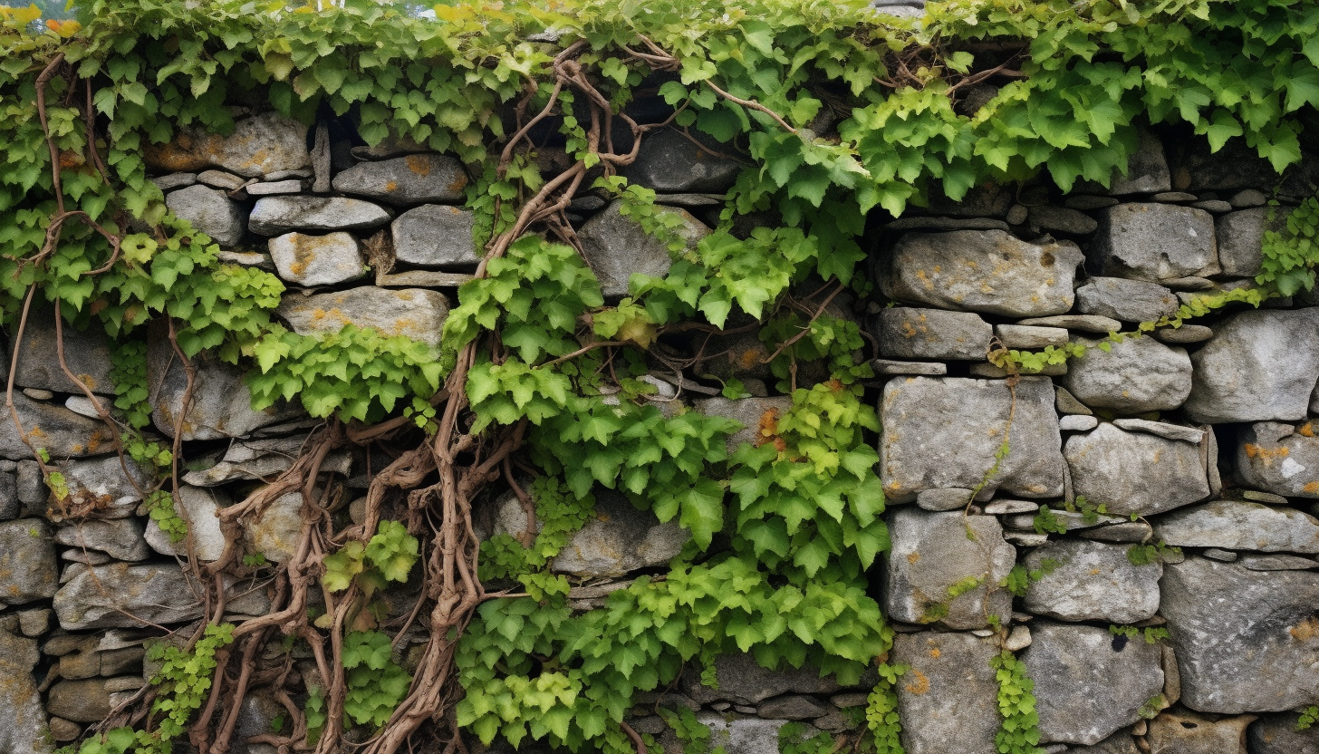 Vines creeping up an ancient stone wall.