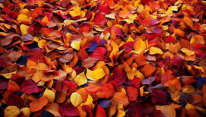 Brilliantly colored leaves carpeting the ground in autumn.