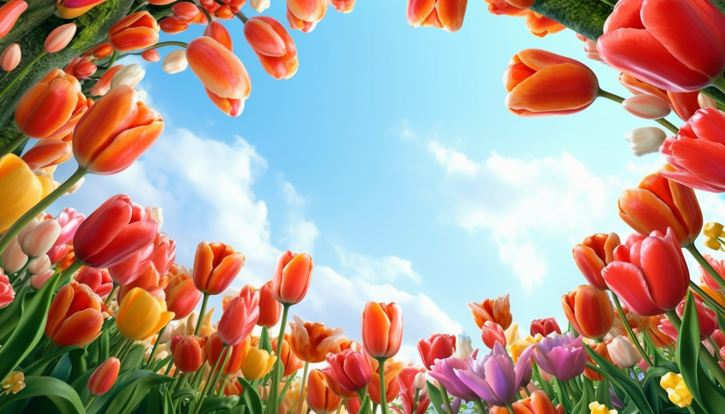 An arch of brilliantly colored tulips swaying in a gentle breeze.