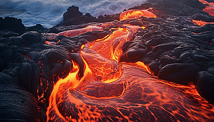Cascades of lava flowing into the ocean from an active volcano.