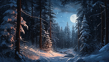 A silent, snow-covered pine forest under the soft glow of moonlight.