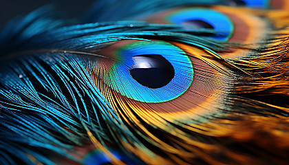 A close-up of a peacock feather, revealing its intricate patterns and colors.