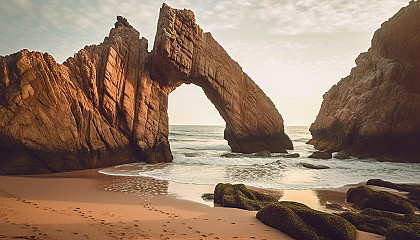 An arch of rocks standing majestic on a sandy beach.