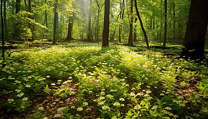 Sun-dappled forest floor carpeted with wildflowers.