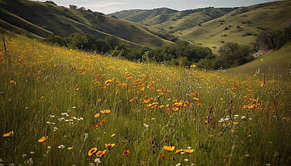 Rolling hills and meadows blanketed in wildflowers or tall, swaying grasses.