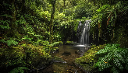 Serene waterfalls hidden within lush, green jungles.