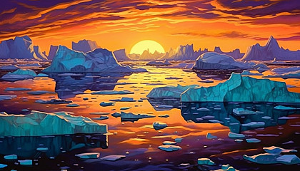 Icebergs floating in a chilly polar sea, under a midnight sun.