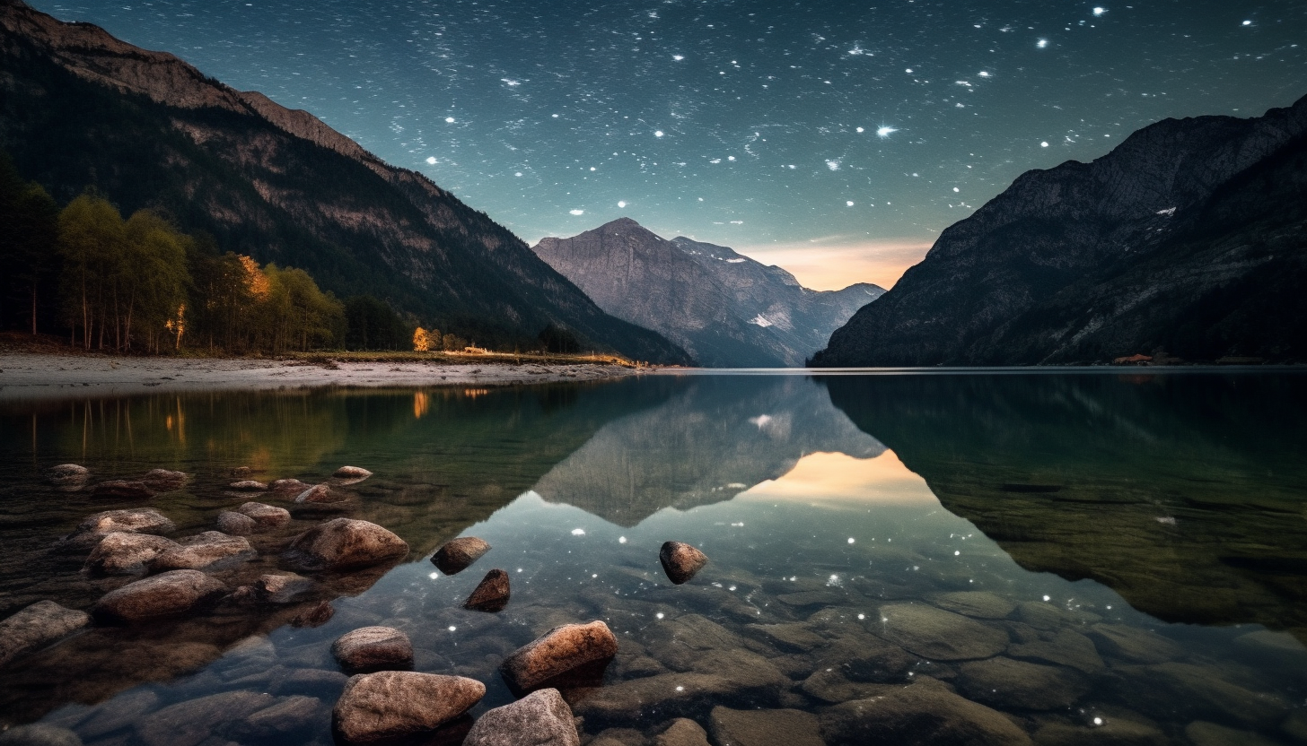 Stars reflected in a placid alpine lake.