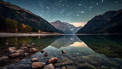 Stars reflected in a placid alpine lake.