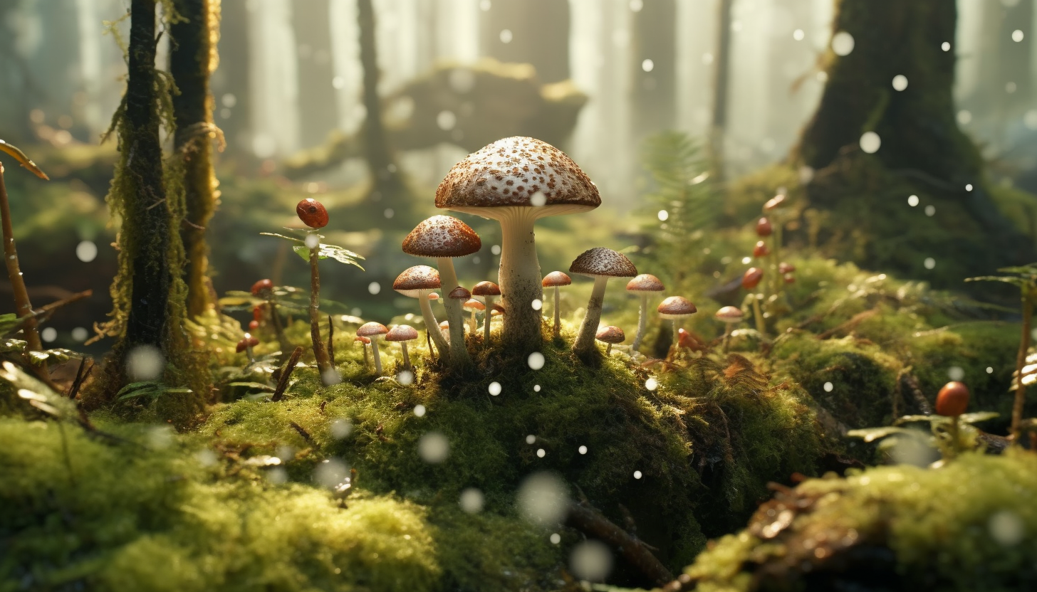 Whimsical mushroom clusters sprouting in a mossy forest floor.