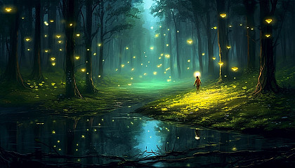 Fireflies illuminating a warm summer night in the forest.