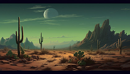 A desert scene under the moonlight, with cacti casting long shadows.