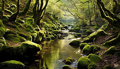 A peaceful brook winding through a mossy woodland.