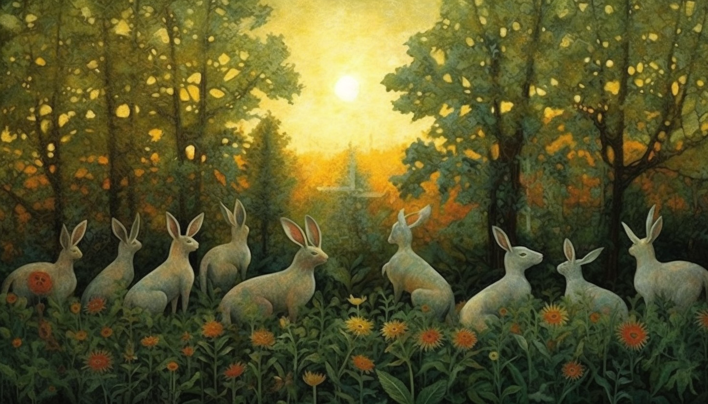 A sun-dappled meadow filled with frolicking rabbits.