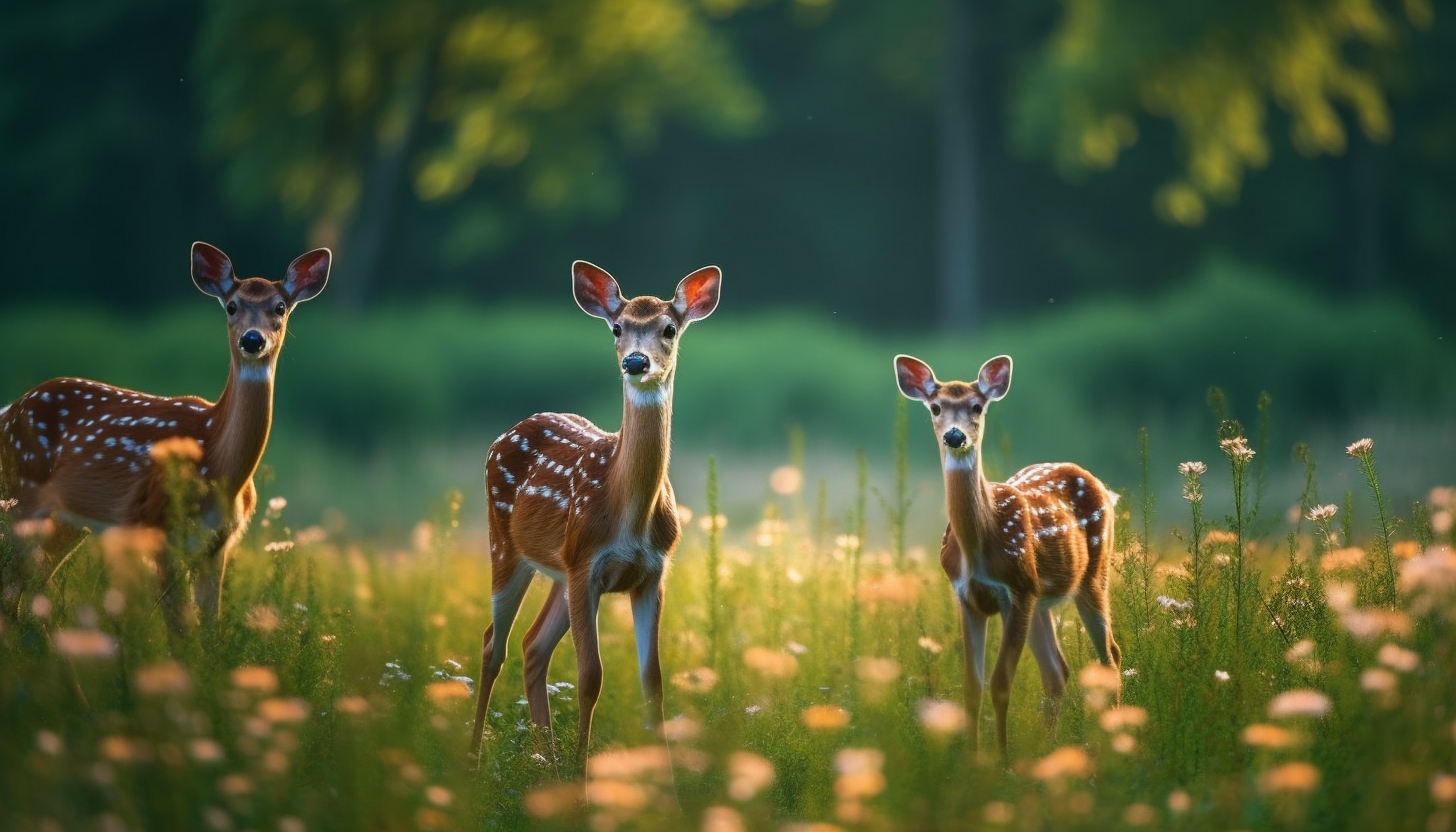 A family of deer grazing in a peaceful meadow.