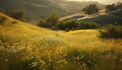 Rolling hills and meadows blanketed in wildflowers or tall, swaying grasses.