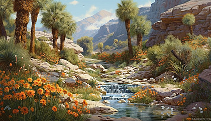 Diverse flora and fauna around a hidden spring in the desert.