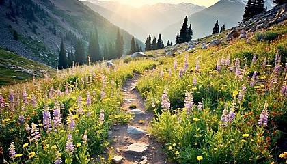 A mountain path winding through a carpet of wildflowers.