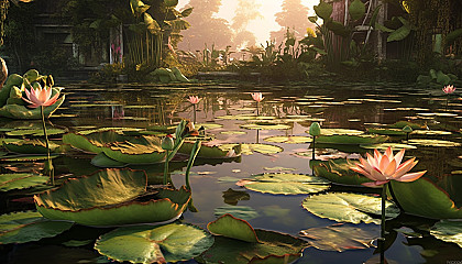 A tranquil pond with floating lotus flowers.