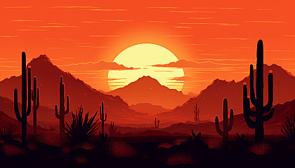 Silhouettes of cacti against a fiery desert sunset.