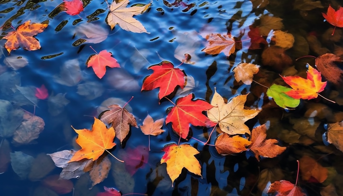 Brightly colored autumn leaves floating on a still pond.