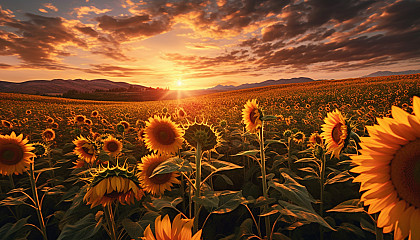 Sunflowers turning towards the sunlight in a sprawling field.