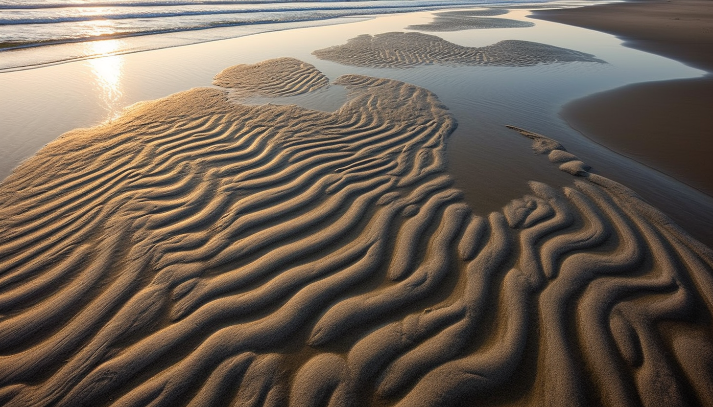 Sand patterns left by the receding tide on a beach.