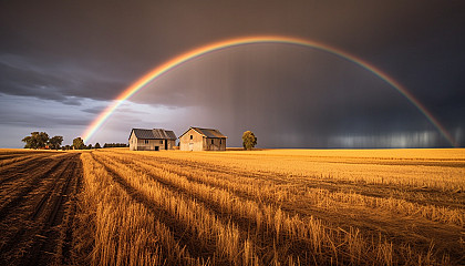 The striking sight of a double rainbow after a storm.