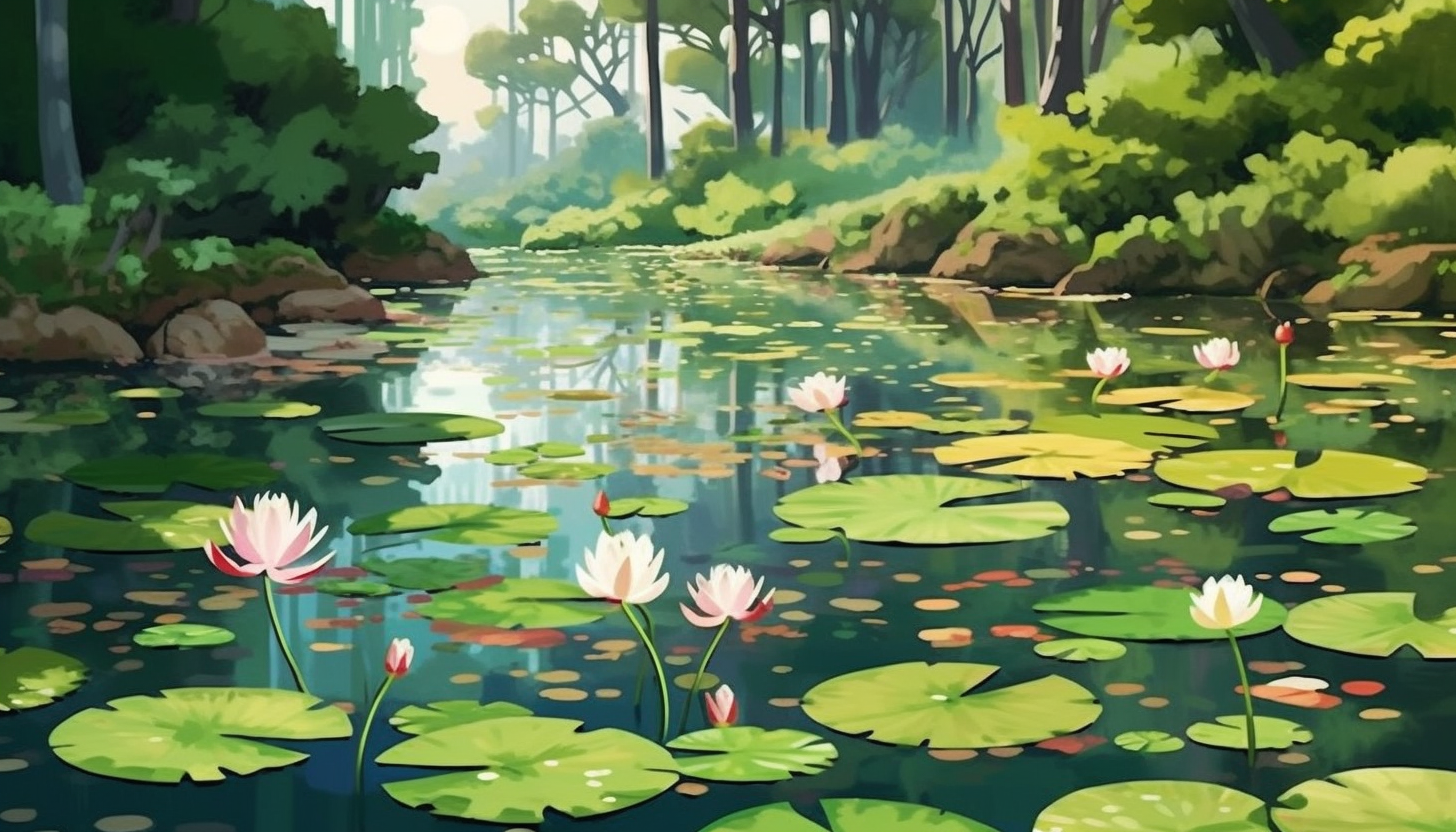 A tranquil pond dotted with lily pads and blossoms.