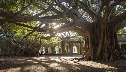An ancient banyan tree spreading its roots and branches wide.