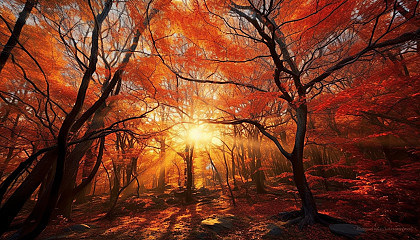 The fiery colors of a maple forest in autumn.