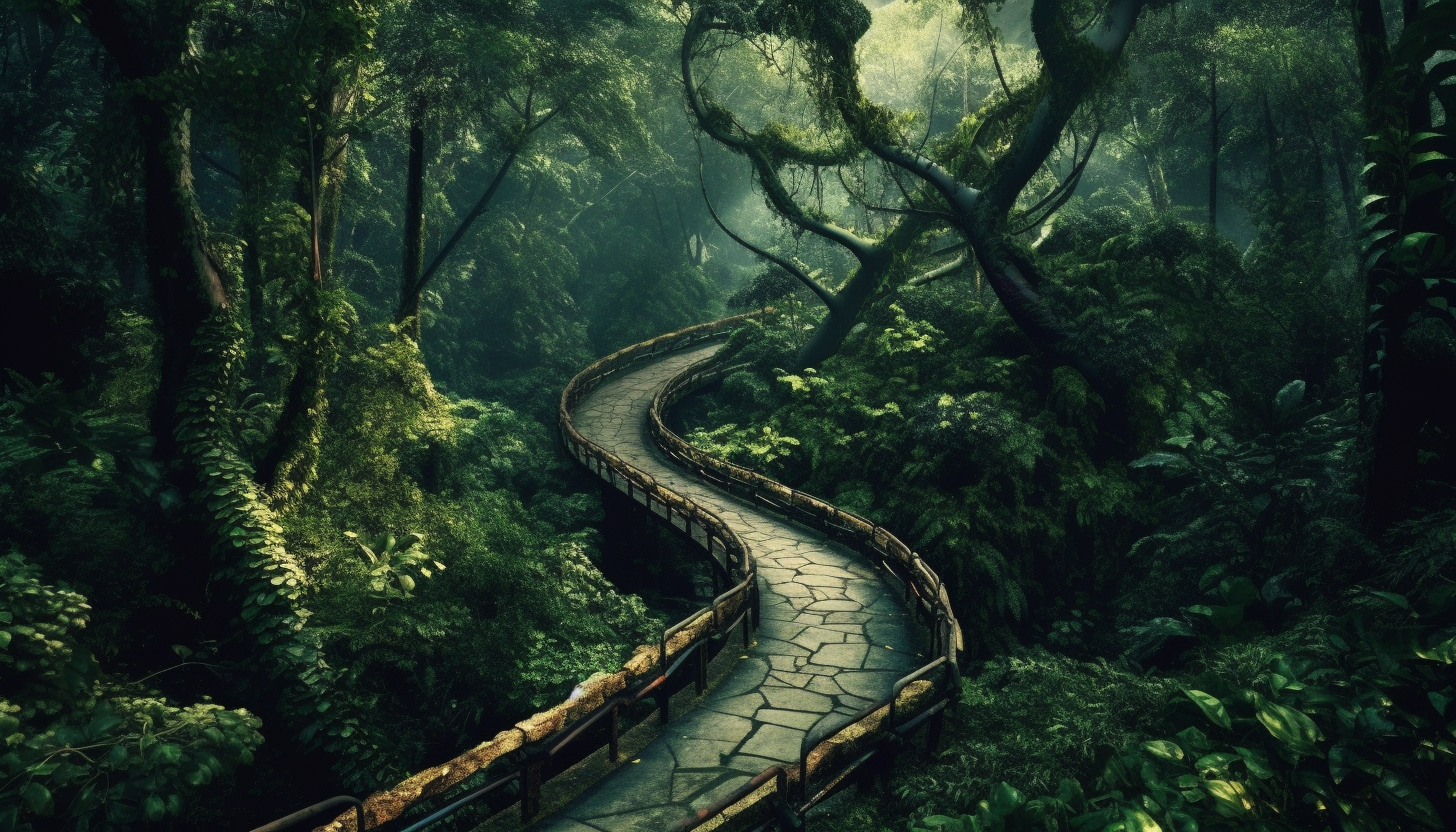 A long winding road through a dense forest.