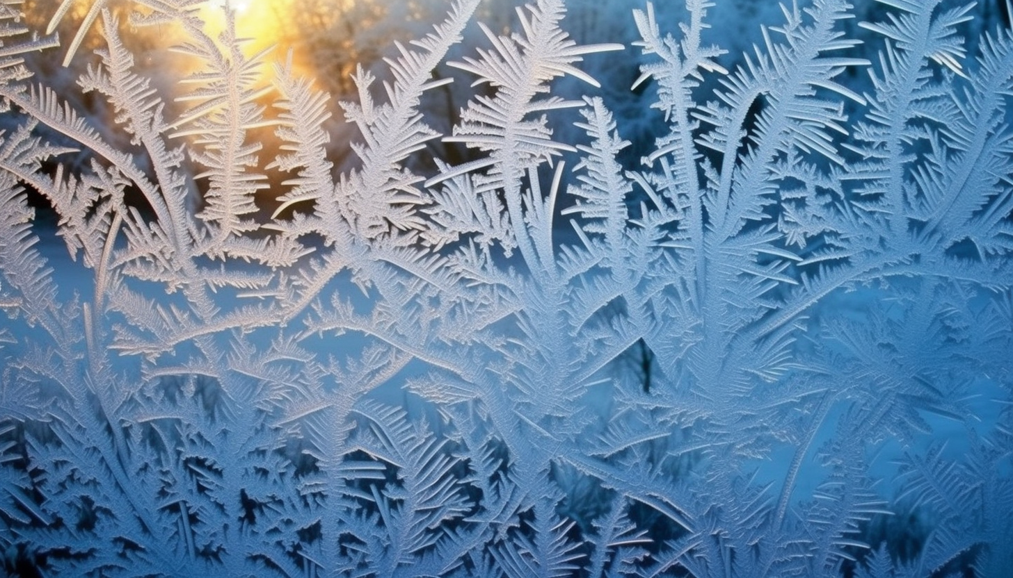 Frost patterns on a windowpane in the early morning light.