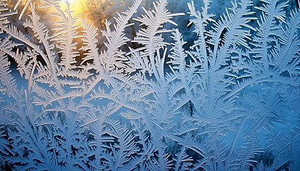 Frost patterns on a windowpane in the early morning light.