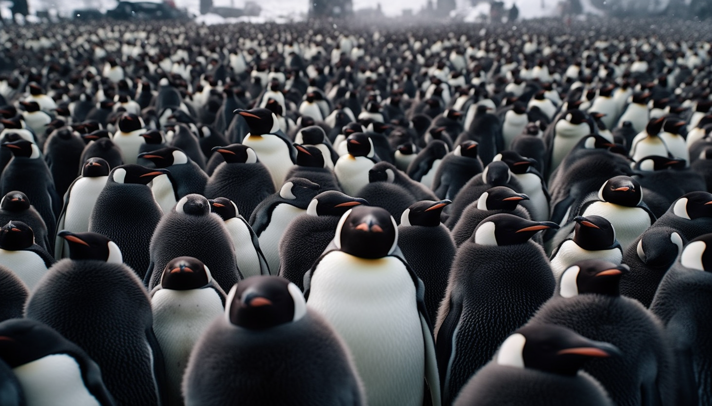 A colony of penguins huddling together against the Antarctic cold.