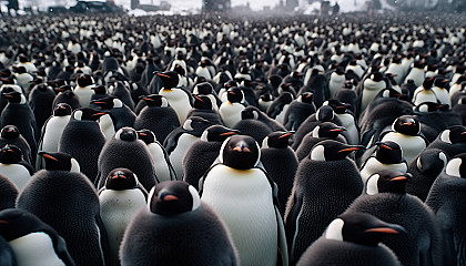 A colony of penguins huddling together against the Antarctic cold.