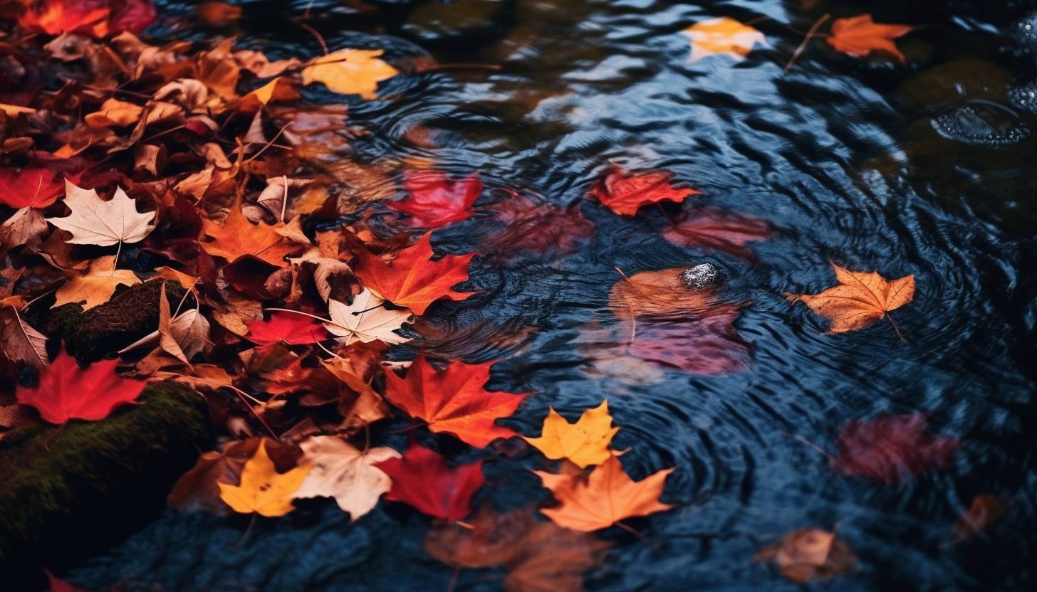 Brightly colored autumn leaves floating down a stream.