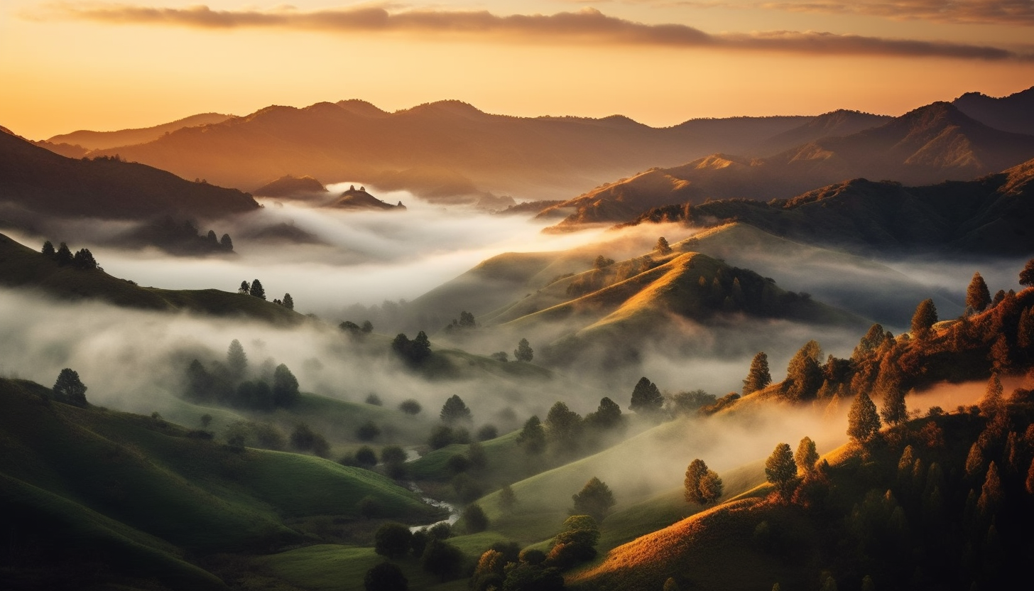 Mist rolling over the hills at dawn.