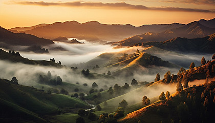 Mist rolling over the hills at dawn.
