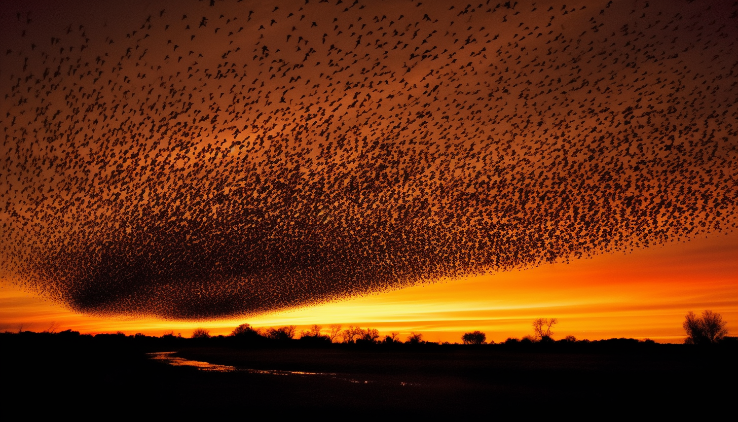 A murmuration of starlings forming shapes in the twilight sky.