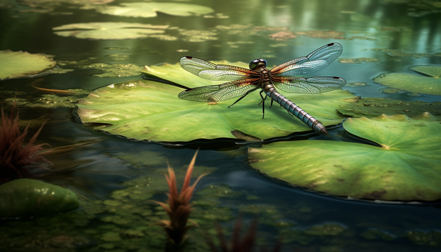 A dragonfly resting on a lily pad in a quiet marsh.