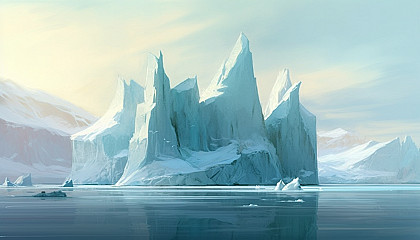 Iceberg formations in a serene polar landscape.