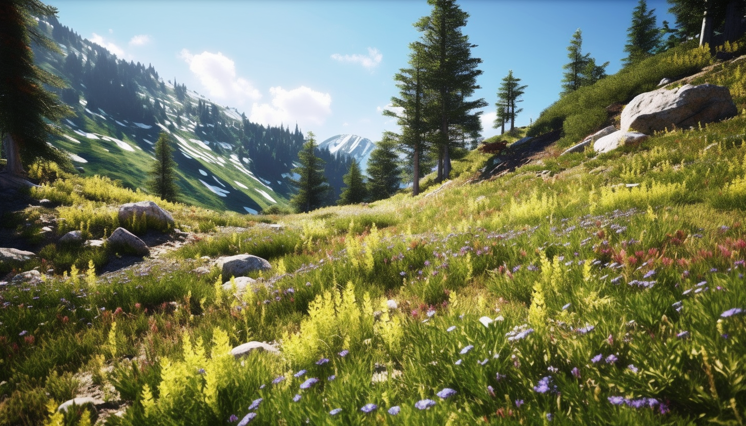 Patches of delicate wildflowers blooming in an alpine meadow.