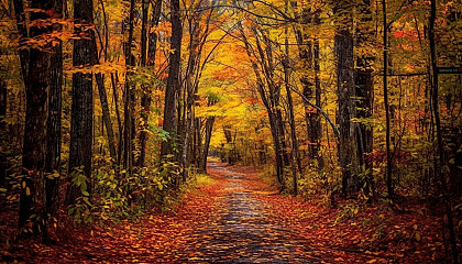 Vibrant autumn leaves carpeting a secluded forest trail.